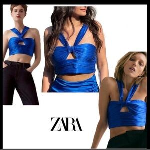 Zara Royal cobalt blue satin effect ruched cut-out front knot halter crop top L